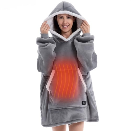 Heated Wearable Blanket USB Electric Hooded Blanket with 3 Heating Levels, Warm Cozy Flannel Oversized Hoodie with Large Pocket Unisex Sweatshirt for Winter for Women Man
