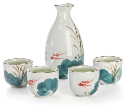 Tebery 5 Pieces Ceramic Japanese Sake Set Soju Tea Set, Porcelain Sake Tokkuri Bottle 8 fl oz and 2 fl oz Sake Ochoko Cups(Goldfish)