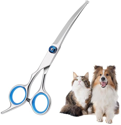 DGUSO Hundehaarschere, Fellschere Hunde, Schere Hundehaare Schneiden, Sicherheits-Pflegeschere mit Runder Spitze, Pflegeschere aus Edelstahl für Hunde und Katzen(Blaue Gebogene Schere)