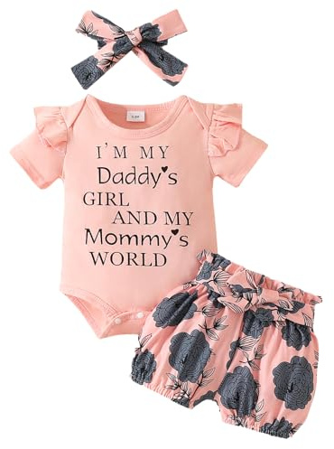 JiAmy kläduppsättning för nyfödd baby flicka med volanger kortärmad spets sparkdräkt Daddy's Girl bodysuit korta byxor med pannband 3 delar kläder för 0–18 månader, Rosa3, 6-9 månader