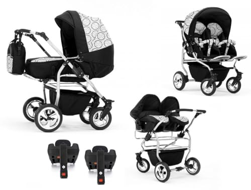 Zwillingskinderwagen 5 in 1 Duo inkl. Autositze und Iso Bases - 14 Teile - in 20 Farben