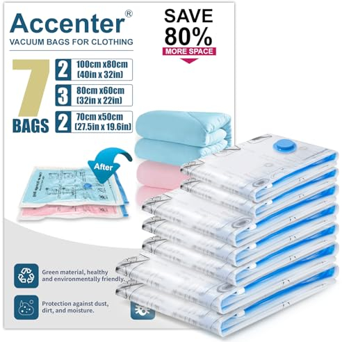 Accenter Sacchetti Sottovuoto Vestiti Set di 7 Sacchi Sottovuoto Piumoni Risparmio di Spazio Buste Sottovuoto Vestiti Protezione dei Vestiti Ideale per Viaggiare e Organizzare a Casa