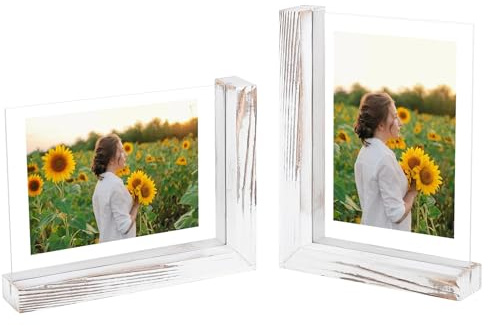 SUPAWAY 2er Set Fotorahmen Vintage Holzsockel Bilderrahm L Formen MDF-Sockel Photo Frame mit 2 Doppelseitig Transparente Acryl-Plastfolie für 13x18cm Fotos Tischaufsteller Horizontal Vertikal, Altweiß