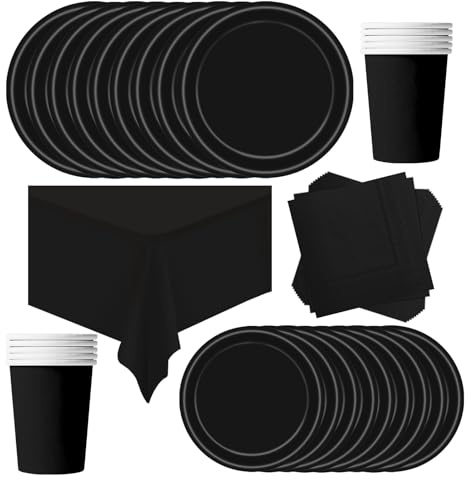 POPOYU Partygeschirr Kindergeburtstag Schwarz,69 Stück Geburtstagsparty Geschirr Pappteller Set,Tischdecke Papier Tassen Teller Servietten zum Weihnachten,Geburtstag,Hochzeiten,Jubiläums(16 Gäste)