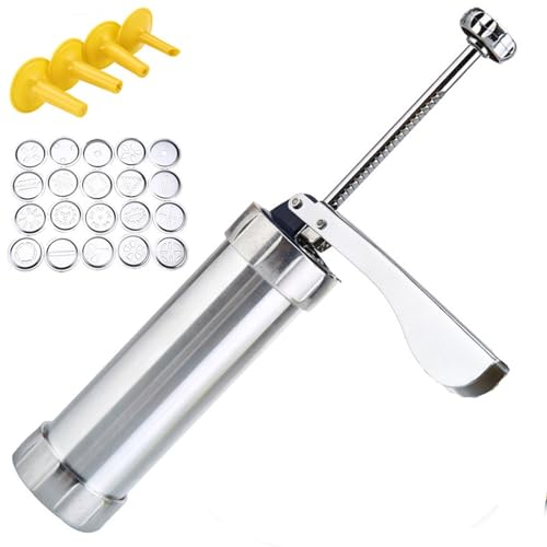 ZGXNYI Seringue à Garnir en Acier Inoxydable Cookie Press Stainless Steel Cookie Press Tool Kit Biscuit Maker Maker Press Machine with 20 Cookie Discs 4 Nozzles Seringue à GâTeau