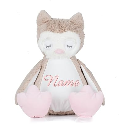Schnoschi Kuscheltier mit Namen oder Initialen Bestickt, personalisiertes Stofftier, individuelles Schmusetier mit Wunschnamen (Eule)