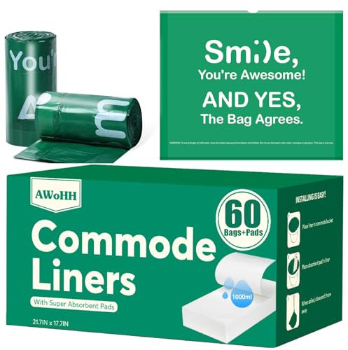 AWoHH Commode Liners with Absorbent Pads, 60Pack Tear-Free Leak-Proof Bedside Commode Liners, Universal Disposable Commode/Bed Pan Liners for Commode, Standard Toilet, Chair Bucket(60Bags+60Pads)