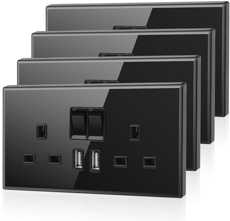 4 Pack CNBINGO Glass Double Switched Power Socket with 2 USB-A Charging Ports (2.1A Output), Electric Power Sockets 2 Gang 13 Amp, Black Double Wall Outlet with Tempered Glass Panel | 2 Gang 13 Amp Electric Power Socket, Switch Control Power, UK standard, Glass Panel, Screwless, Easy DIY Install