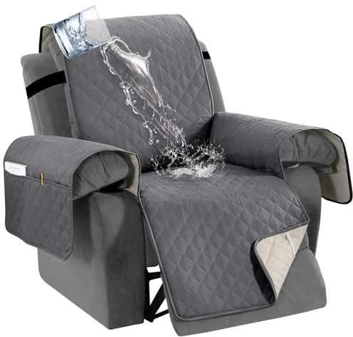 BXFUL 100% Wasserdicht Sesselschoner für Relaxsessel, rutschfest Sofabezug mit Armlehnen und Taschen, Waschbarer Liegestuhlschutz für Hunde, Haustiere, Kinder (Grau,1 Sitzer)