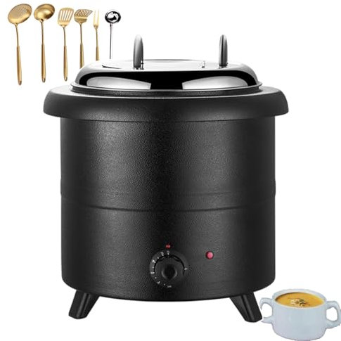 QUSYZD Hervidor eléctrico para Catering, Calentador de Sopa Comercial con 5 Utensilios de Cocina y 1 Cuchara sopera para bufé de Restaurante, Salsa de Chile y estofado, Blanco y Negro,Black