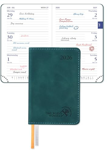 POPRUN 2026 Pocket Weekly Planner (Super Mini Size 3'' x 4.5'') 12 Months Compact Calendar for Purse, Two Pages Per Week with Monthly Overview, Soft Cover, Two Bookmark Ribbons - Petrol Green