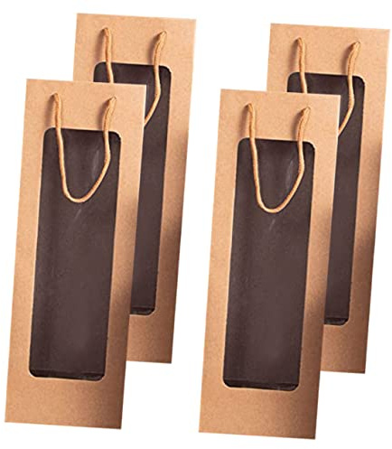 LIFKOME 4 Stück Weintragetaschen Aus Kraftpapier Mit Sichtfenster Weintüte Papier Für Weinflaschen Wiederverwendbare Flaschentasche Geschenkbeutel Für Geburtstag Und Feier