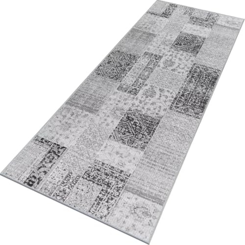 Teppich Läufer Flur rutschfest Küchenteppich Fußmatte 100X240CM Waschbar Grau Schwarz Modern Teppichläufer Meterware Schmutzfangmatte Teppichläufer für Flur Küche Eingang Wohnzimmer Schlafzimmer