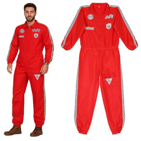 Joyincoser Racerförare kostym män kvinnor röd overall kostym racing checkerboard mönster elastiska manschetter ankles för vuxna halloween karneval party cosplay (M)