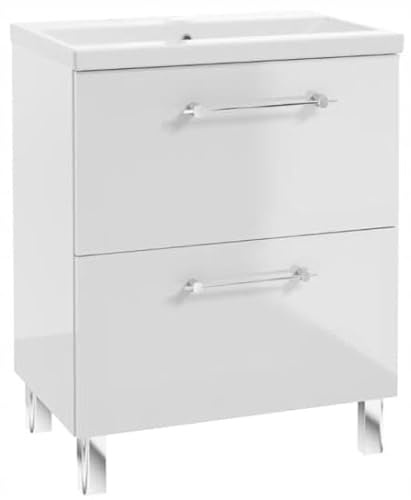 .Deftrans - Mueble bajo lavabo de 80 cm de pie - Lavabo con armario bajo blanco brillante - Lavabo con armario bajo y cajones - Mueble de baño moderno - 80 x 50 x 40 - [cm]