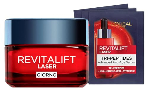 L'Oréal Paris Revitalift Laser Anti-Aging-Creme dreifache Wirkung mit Pro-Retinol Hyaluronsäure und Vitamin C 50ml + Revitalift Laser Serum Tri-Peptide Anti-Aging Bundle Routine – 5er-Set