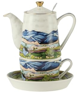 Hillside Cottage, juego de té de porcelana con infusor extraíble de acero inoxidable para té de la tarde, tetera británica, tazas y platillos, tetera para té suelto