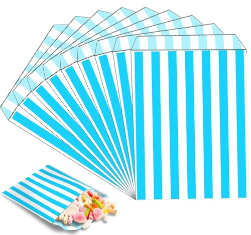 100 sacchetti per dolci azzurri, a righe, 12,7 x 17,8 cm, Sweetie, popcorn, pane, panini, biscotti, sacchetti per feste, snack, dolci, regali per torte, matrimoni, feste di compleanno, Natale
