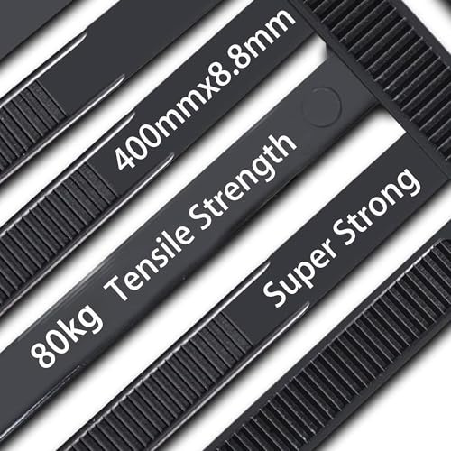 FortiTooi 100-Pack Black Cable Ties, Heavy Duty, Size 400mm x 8.8mm, 80kg Tensile Strength, UV Resistant Heavy Duty Zip Ties for Indoor/Outdoor Use in Home, Garage, and Workshop.