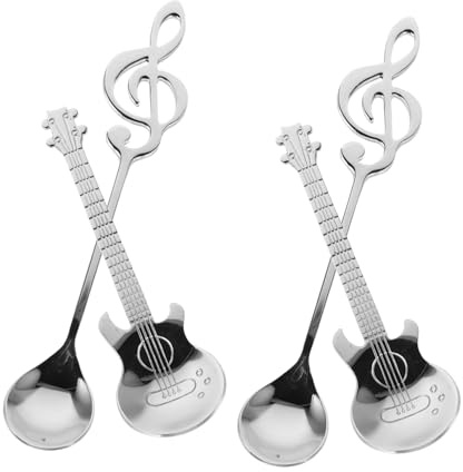 Mikinona 4 Pièces Cuillères à Café Acier Inoxydable Forme Guitare et Note de Musique Cuillères à Thé Créatives pour Mélanger Café Thé Lait Desserts et Confiture Accessoires de Table