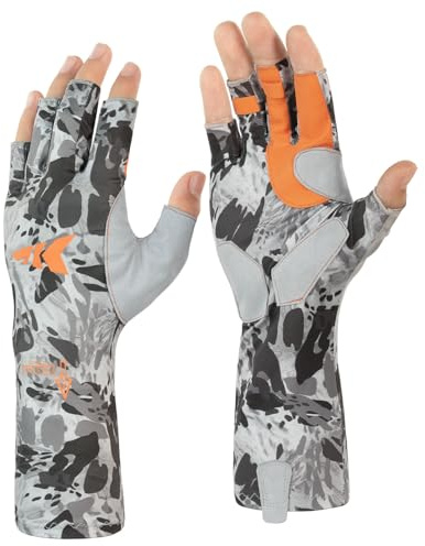 KastKing Agies Fishing Gloves Men, UPF 50+ Sun Gloves UV Protection, Cooling Quick-Dry 3/4 Fingerless Gloves with Extended Cuff, Microfiber Palm & Pull Tabs, for Fishing, Kayaking, X Camo-Gray,L/XL