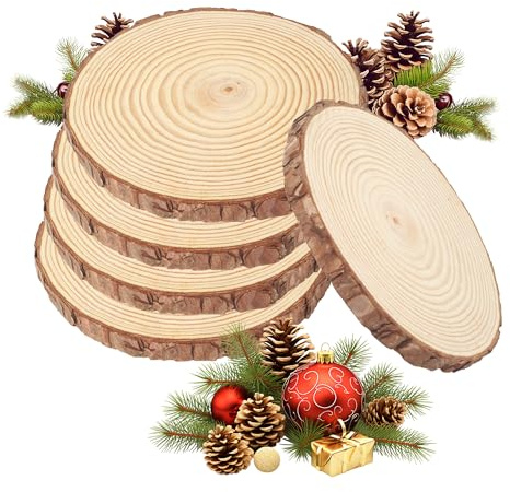 Holzscheiben 5 Stück, 17-18 cm Durchmesser und 15 mm Dicke Baumscheiben Unbehandelte, Baumstamm Scheiben für DIY Basteln, Hochzeit und Weihnachten Deko & zum Basteln