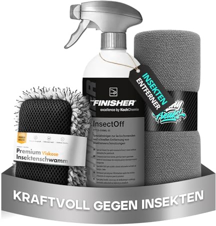 THE FINISHER by Koch Chemie InsectOff (500ml) Insektenentferner + Premium Insektenschwamm + Shiny Freaks Mikrofasertuch - kraftvoller Lackreiniger gegen Insektenreste & Vogelkot | 3-teilig