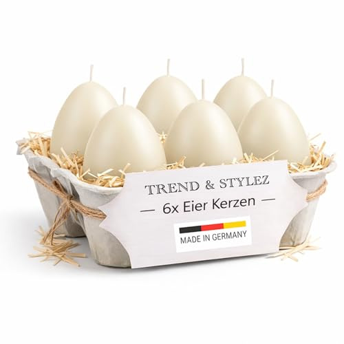 6 Eierkerzen im Set (60x45mm) | Handgetauchte Osterkerzen | Made in Germany | RAL-zertifiziert | 7h+ Brenndauer | Frühlingsdeko & Geschenkidee (Beige/Elfenbein)