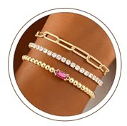 Turandoss 3 Stück Geburtsstein Armband Damen 14K Vergoldet Gold Perlenarmband Cubic Zirkonia Tennisarmband Verstellbare Armband Set Wasserdichter Schmuck für Damen Geschenke für Frauen Mädchen