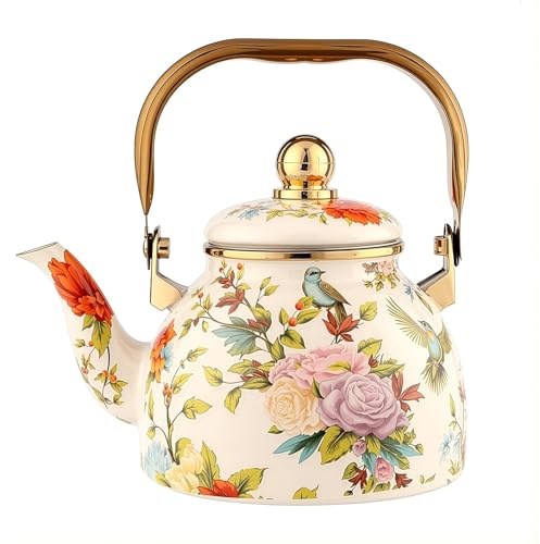 M.J COMFY-LIFE Vintage Floral Enamel Tea Kettle 1.2L Stovetop Teapot with Removable Infuser Retro Kettle Heat-Resistant Water Pot for Home Kitchen Camping Antique Flower Pattern Housewarming Present