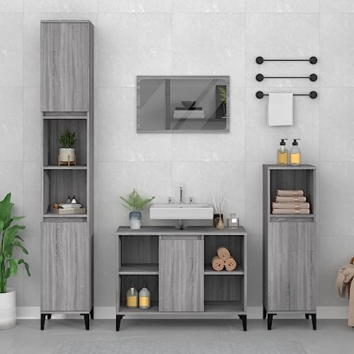 Kaloriko Armario para debajo del lavabo Sonoma gris de madera con 5 compartimentos, 80 x 33 x 60 cm, armario de baño con puerta y patas de metal, espacio para el baño y lugar de lavado, fácil de