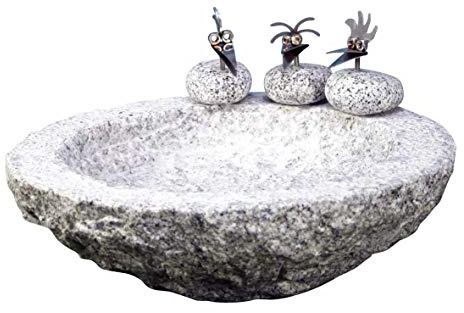 Gebrüder Lomprich Vogelbad aus Granit in Schalenform (mit 3 Vögele am Rand sitzend)