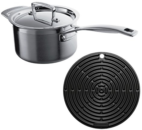 Le Creuset 3-Ply Stainless Steel Saucepan with Lid, 18 cm and Silicone Cool Tool, 20.5 cm, Black