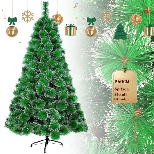 UISEBRT Künstlicher Weihnachtsbaum 240cm - Christbaum Dekobaum Tannenbaum Grün mit Metall Ständer (Grüne Tannennadeln mit Schnee-Effekt, 240cm)