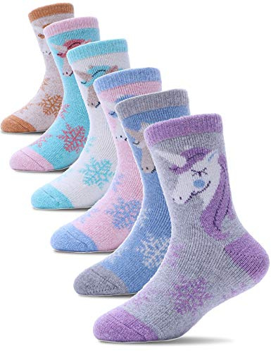 PROETRADE Merino Wool Socks for Kids Boys Toddlers Girls Thick Thermal Warm Winter Walking Heavy Cosy Crew Hiking Boot Gift Unicorn Socks 6 Pack(Unicorn,1-3 Y)