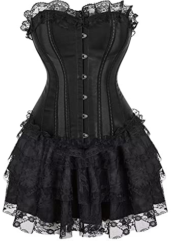 Jutrisujo Corset Bustier Femme Jupe Robe Set Floral Dentelle Sexy Lingerie Halloween Medieval Grande Taille Noir S