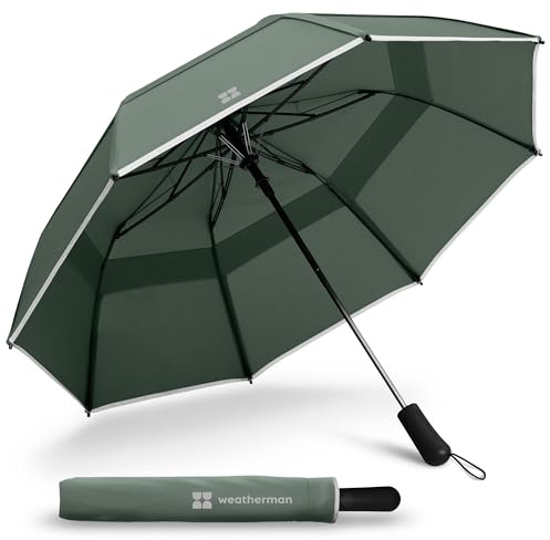 Weatherman Premium Collapsible Small Travel Umbrella Compact - Windproof, Resists Up to 55 MPH Winds - Foldable Travel Umbrellas for Rain & Wind - Easy Auto Open w/Strong Fiberglass Frame (Sage)
