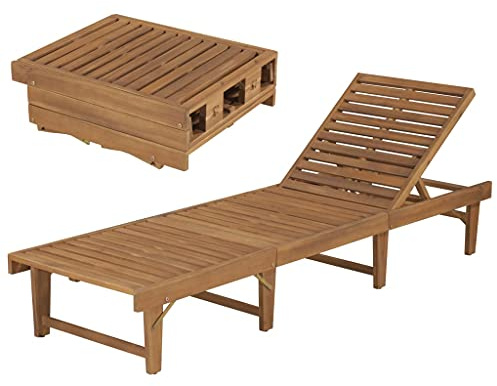 GOLINPEILO Folding Sun Lounger Solid Wood Foldable Chaise Lounge Adjustable Outside Patio Sunlounger Outdoor Wooden Garden Lounge Chair Weather Resistant 78.7x24x11.8/33.9