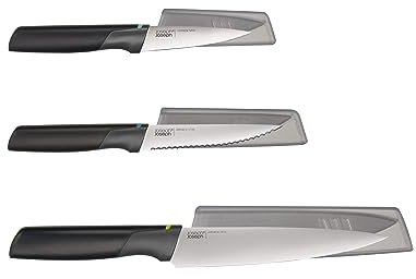 Joseph Joseph Duo 3 Piece Elevate Knife set, Japanese Stainless Steel blades, includes Paring, Serrated and Chef's knife with protective sheath, Black/Opal