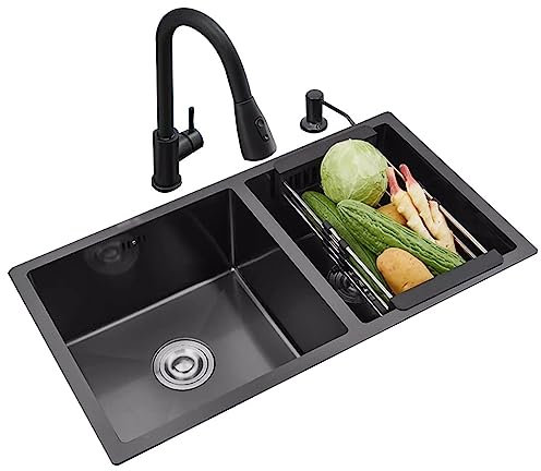 Éviers de Cuisine Lavabo À Siphon Intégré Évier De Cuisine en Acier Inoxydable Évier Double Grande Capacité Bac À Légumes Multifonctionnel (Color : Noir, S : 82 * 45 * 22cm)