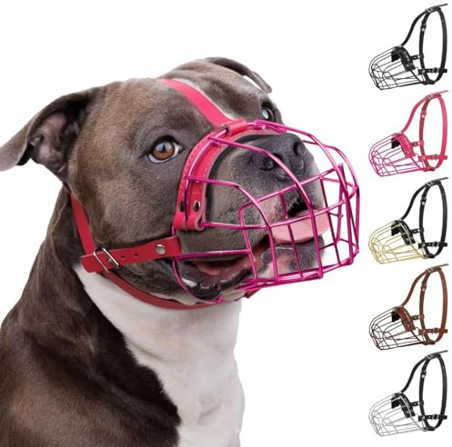 BRONZEDOG Pitbull - Bozal para Perro, máscara de Metal, Cesta de Alambre, Correas de Cuero Ajustables para Perros Grandes (Rosa)