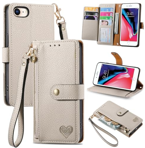 VEEMOS Handyhülle für iPhone 8/7 / iPhone SE 2020 2022 Hülle Klappbar Klapphülle Schutzhülle mit Kartenfach RFID Reißverschluss Handy Tasche Leder Flip Case Cover Handytasche Frauen - Grau