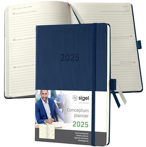 SIGEL C2562 Wochenplaner Wochenkalender 2025, ca. A5, dunkelblau, Hardcover, 192 Seiten, Gummiband, Stiftschlaufe, Archivtasche, aus nachhaltigem Papier, Conceptum
