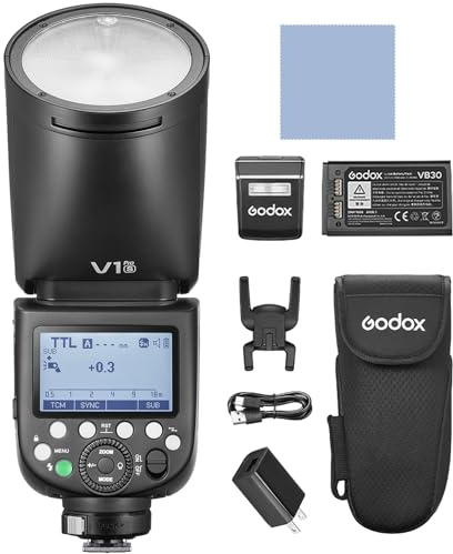 GODOX V1PROS 2.4G Wireless Speedlite Kamerablitz 32 Channels mit M/TTL-Blitzmodus 1/8000 s HSS mit Netzteilanschluss und abnehmbarem Sub-Blitz+24 Stück Blitzgele für Sony-Kameras