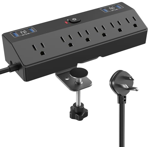 Desk Clamp Power Strip with 40W Fast Charging Station, JXGUCAT 10FT Flat Plug Desk Mount Power Strip Surge Protector, Removable Extension Cord with 2 USB-C Ports 6 Outlets, Fits 1.8 Tabletop Edge