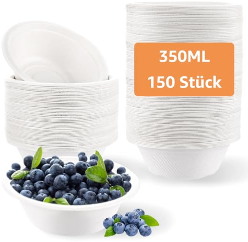CYEER 150 Stück Einweg Suppenschalen 350ml, Suppenschüssel Einweg, Suppenteller einweg, Biologisch Abbaubar und Kompostierbar Umweltfreundliche Einwegschüsseln für Party Hochzeit Picknick