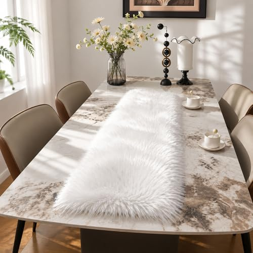 Runner da tavola in finta pelliccia, runner da tavola per morbida decorazione invernale di lusso, decorazioni natalizie bianche, per feste di compleanno, per comò e tavolino (bianco, 30,5 x 119,4 cm)