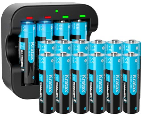 Kratax Rechargeable AA Lithium 1.5V Batteries - High-Capacity 3500mWh - 1600 Cycles - Full-Recharged 16 Pack with Ultra Fast Charger, Long-Lasting, Constant Output for Household Office Device