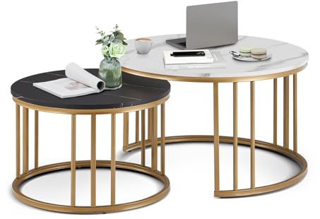 TUKAILAi Lot de 2 Tables Basse Gigogne, Table d'appoint Salon Ronde 70/50 cm, Table Basse Laquées Blanc Scandinave, Cadre Doré Appartement Bureau Cadeau