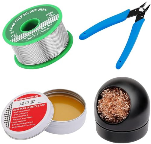 Lötflussmittelpaste, Bleifreier Lötdraht, Lötkolbenspitzenreiniger, Micro-Shear-Drahtschneiderzange, 4 Stk Lötwerkzeug Set, Lötkolben Hilfszubehör DIY Kit